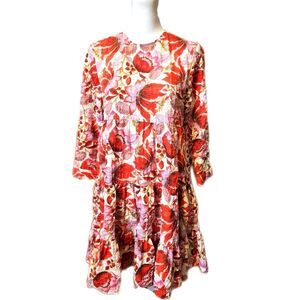 Zara Long Sleeved Floral Tiered Swing Mini Dress, Red Pink Mustard, XS
